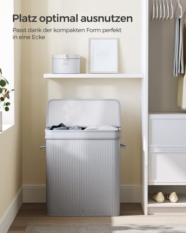 Rootz Grey Bamboo Vasketøjskurv - Hæmmer - Tøjopbevaring - Miljøvenlig - Letvægts - Holdbar - 54,5 cm x 34,5 cm x 61 cm