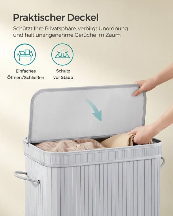 Rootz Grey Bamboo Vasketøjskurv - Hæmmer - Tøjopbevaring - Miljøvenlig - Letvægts - Holdbar - 54,5 cm x 34,5 cm x 61 cm