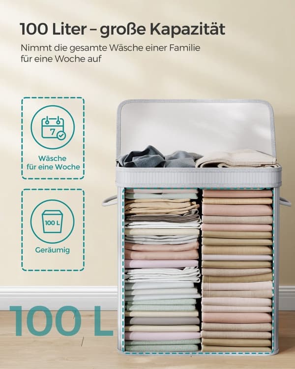 Rootz Grey Bamboo Vasketøjskurv - Hæmmer - Tøjopbevaring - Miljøvenlig - Letvægts - Holdbar - 54,5 cm x 34,5 cm x 61 cm