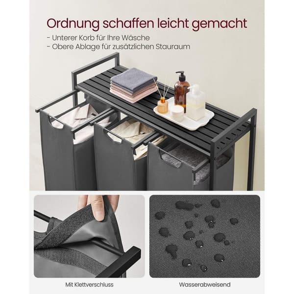 Rootz vasketøjskurv med hylde - Sort-grå opbevaringsorganisering - MDF stål Oxford-klud - Stor kapacitet - Nem montering - Pladsbesparende design - 92