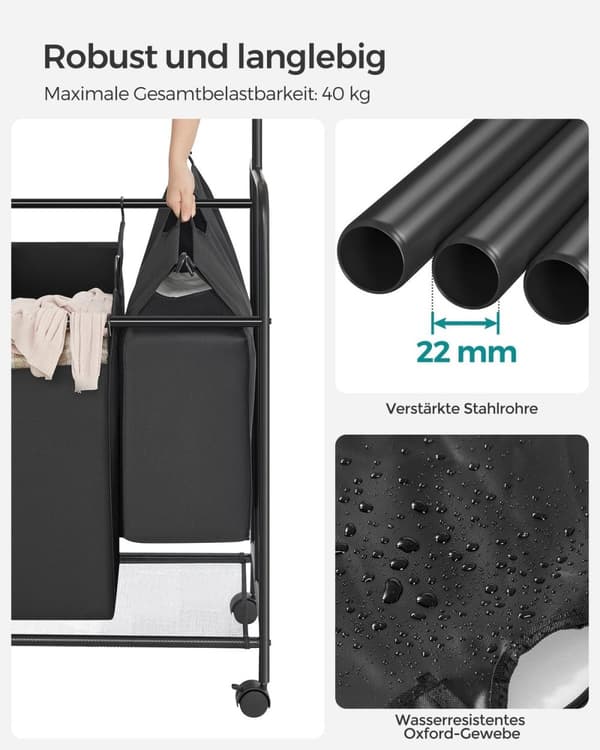 Rootz Vaskevogn med tøjstang - Sort - Rullevogn - Heavy Duty - Bærbar - Pulverlakerede stålrør - 108cm x 44cm x 172cm