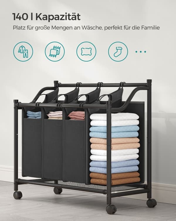 Rootz vasketøjskurv - rullende vasketøjsvogn - vasketøjssortering - Robust metalramme - slidstærkt 600D polyesterstof - 4 hjul - 4 rum - Pladsbesparen