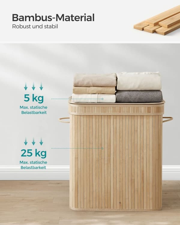 Rootz Natural Bamboo Vasketøjskurv med Låg - Hæmmer - Tøjopbevaring - Miljøvenlig - Letvægts - Holdbar - 54,5 cm x 34,5 cm x 61 cm