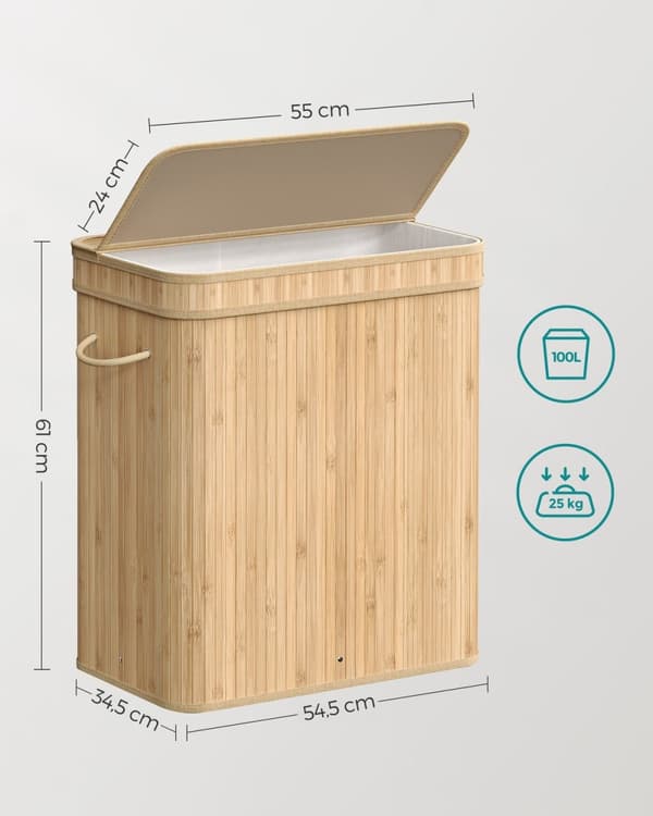 Rootz Natural Bamboo Vasketøjskurv med Låg - Hæmmer - Tøjopbevaring - Miljøvenlig - Letvægts - Holdbar - 54,5 cm x 34,5 cm x 61 cm