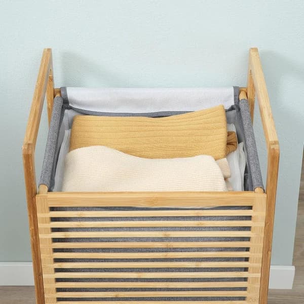 Rootz Tvättkorg - Tvättlåda - Tvättuppsamlare med tvättbar tvättpåse - Lock Tvättpåse - Polyester - Natur/Grå - 40 x 35 x 60,5 cm