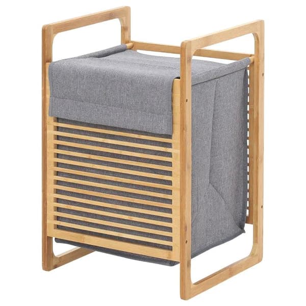 Rootz Tvättkorg - Tvättlåda - Tvättuppsamlare med tvättbar tvättpåse - Lock Tvättpåse - Polyester - Natur/Grå - 40 x 35 x 60,5 cm
