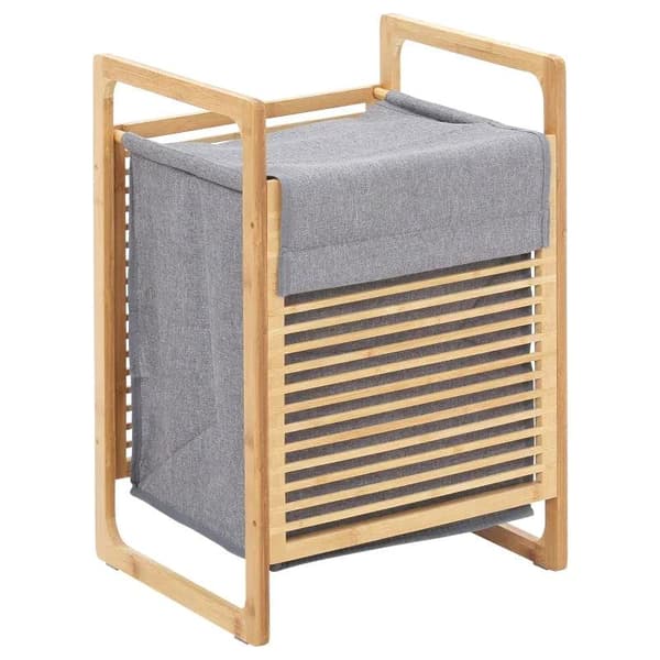 Rootz Tvättkorg - Tvättlåda - Tvättuppsamlare med tvättbar tvättpåse - Lock Tvättpåse - Polyester - Natur/Grå - 40 x 35 x 60,5 cm