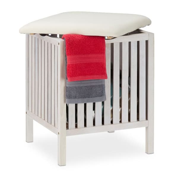 Relaxdays Tvättkorg med sits, Badrumsstubbe, rustik stil, 40l, trä/tyg, 53 x 41 x 41 cm, vit