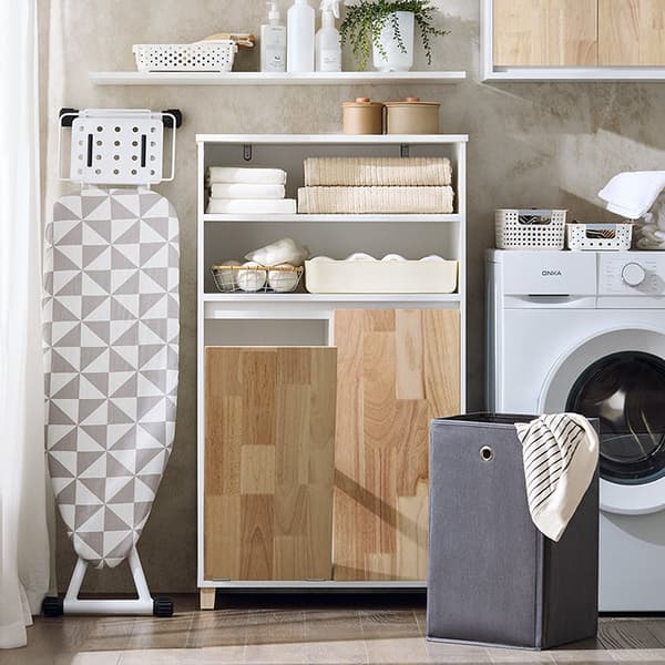 Rootzin puinen pellavakaappi - Pyykin säilytys - Kylpyhuonekaappi - Tilava Järjestäjä - 64cm x 110cm x 33cm. Helppo koota – kestävät materiaalit.