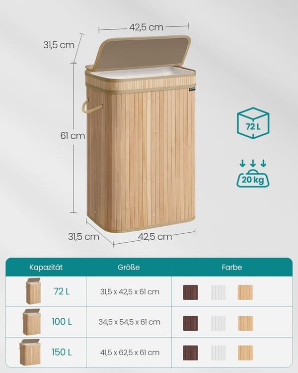 Rootz Bamboo Vasketøjskurv - Hæmmer - Opbevaringsbeholder - Stilfuldt design - 31,5 cm x 42,5 cm x 61 cm - Letvægts - Naturlig beige