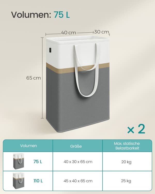 Rootz Vasketøjsposesæt - Hæmmer - Tøjkurv - Polyester bomuldsstof - Nem opbevaring - 40 cm x 30 cm x 65 cm