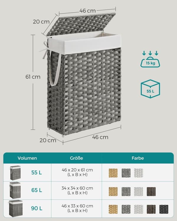 Rootz Rattan Vasketøjskurv - Tøjkurv - Vasketøjskurv - Stålramme - Dove Grey - 46cm x 20cm x 61cm