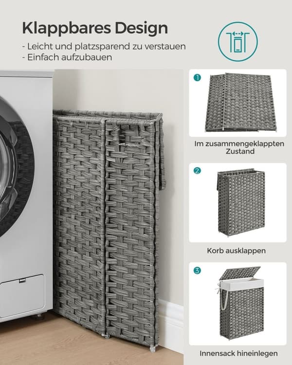 Rootz Rattan Vasketøjskurv - Tøjkurv - Vasketøjskurv - Stålramme - Dove Grey - 46cm x 20cm x 61cm