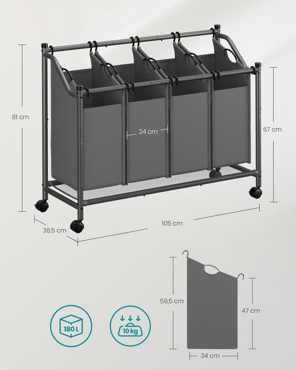 Rootz 4 Pose Vasketøjssortering - Skifergrå - Kraftig metalramme - Polyester Vasketøjsposer - Rummelig - 105 x 38,5 x 81 cm
