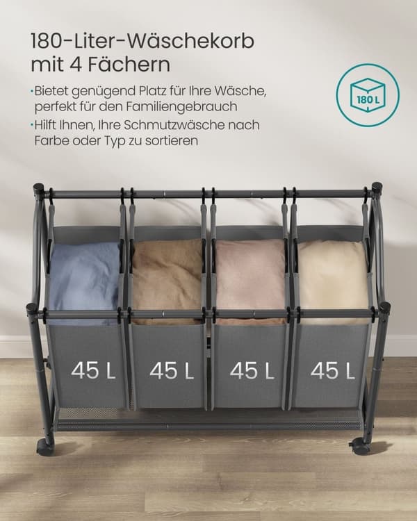 Rootz 4 Pose Vasketøjssortering - Skifergrå - Kraftig metalramme - Polyester Vasketøjsposer - Rummelig - 105 x 38,5 x 81 cm