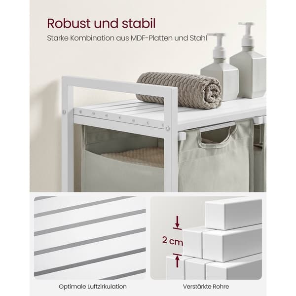 Rootz 3-tiers vaskesorteringsvogn - Hvid vasketøjspose-arrangør - rullende opbevaringsvogn - Stålramme - 92,5 cm x 33 cm x 72 cm