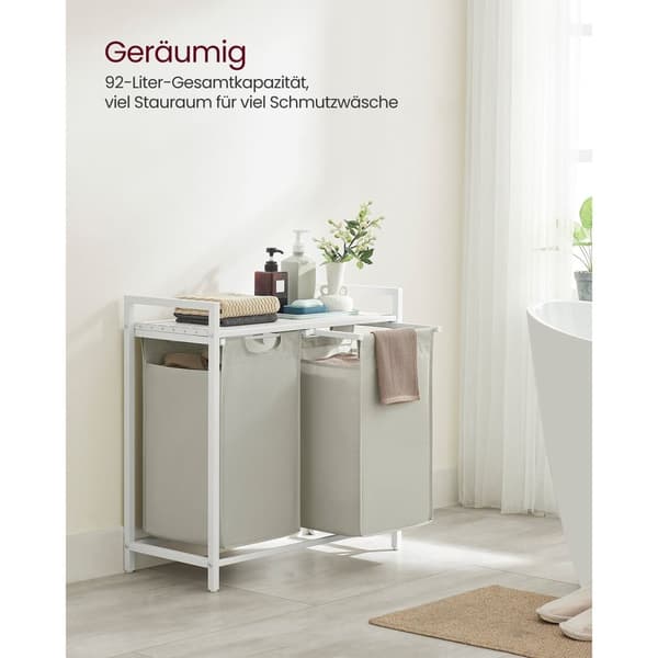 Rootz tvättkorg med hylla - Vit - MDF stålklädeshämmare - Organizer - 73cm x 33cm x 72cm - 2 påsar - Heavy Duty - Förvaringsställ - Oxfordduk