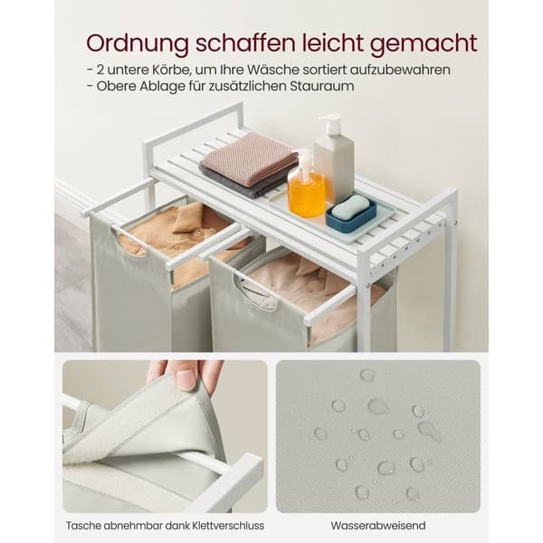 Rootz tvättkorg med hylla - Vit - MDF stålklädeshämmare - Organizer - 73cm x 33cm x 72cm - 2 påsar - Heavy Duty - Förvaringsställ - Oxfordduk