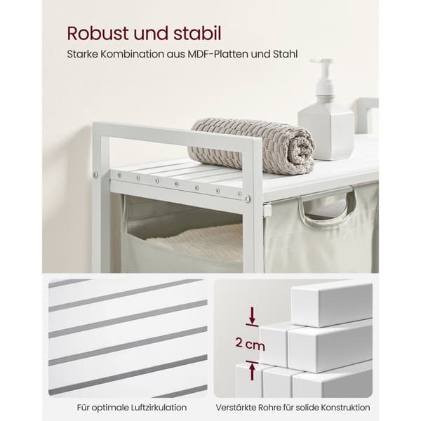 Rootz tvättkorg med hylla - Vit - MDF stålklädeshämmare - Organizer - 73cm x 33cm x 72cm - 2 påsar - Heavy Duty - Förvaringsställ - Oxfordduk