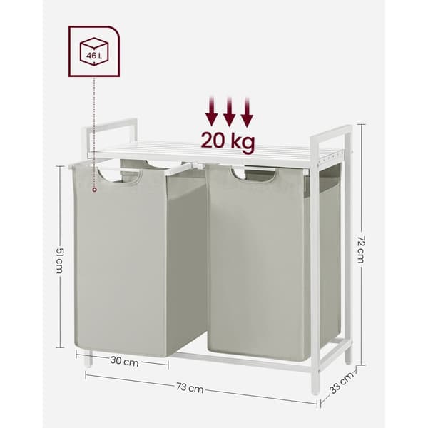 Rootz tvättkorg med hylla - Vit - MDF stålklädeshämmare - Organizer - 73cm x 33cm x 72cm - 2 påsar - Heavy Duty - Förvaringsställ - Oxfordduk