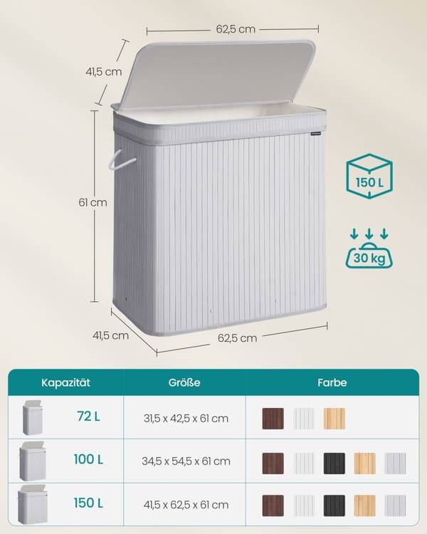 Rootz Laundry Hamper - Vaatekori - Säilytyslaatikko - Kevyt - 54,5 cm x 34,5 cm x 61 cm记录