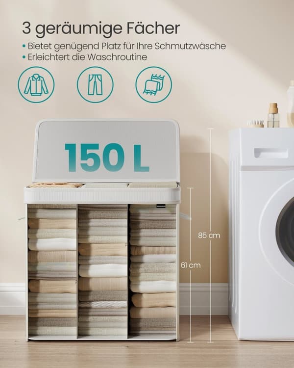 Rootz White Bamboo Vasketøjskurv - Tøjkurv - Opbevaringsbeholder - Letvægts - 41,5 cm x 62,5 cm x 61 cm