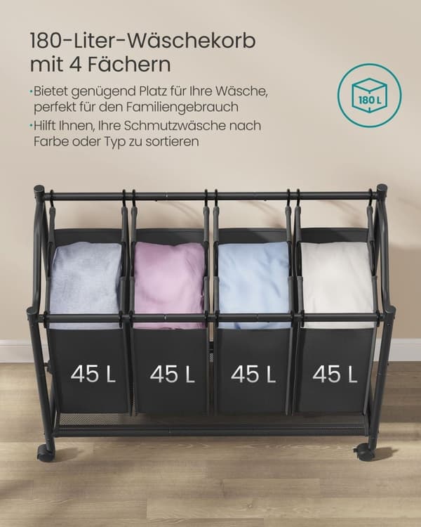 Rootz 4-Bag pyykinlajittelija - Vaatteiden järjestäjä - Irrotettavat laukut - Raskas rakenne - 105 cm x 38,5 cm x 81 cm