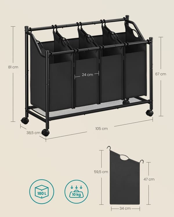 Rootz 4-Bag pyykinlajittelija - Vaatteiden järjestäjä - Irrotettavat laukut - Raskas rakenne - 105 cm x 38,5 cm x 81 cm