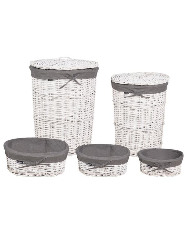 Tvättkorg Vit och Grå Pilram Tyg Invändigt Foder Boho Modern Design