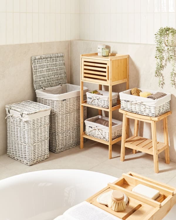 Klesvaskkurv med Hvit Pilramme Innvendig Stoffforing Boho Moderne Design