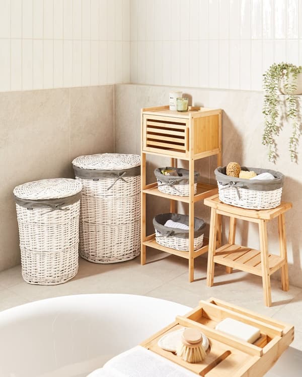 Sæt med kurve i hvid og grå pileflet med indvendigt stof i boho-stil og moderne design