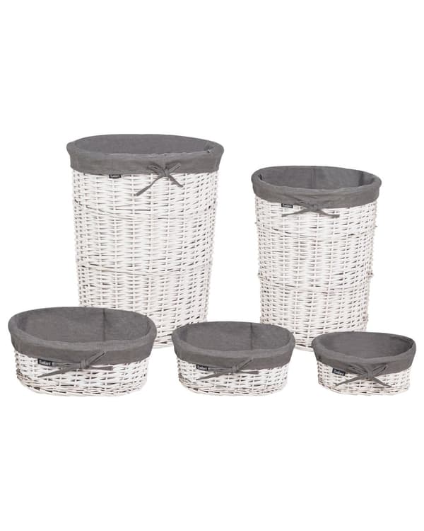 Sæt med kurve i hvid og grå pileflet med indvendigt stof i boho-stil og moderne design