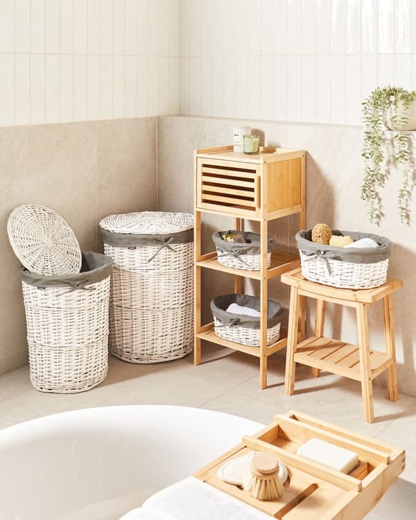 Sæt med kurve i hvid og grå pileflet med indvendigt stof i boho-stil og moderne design