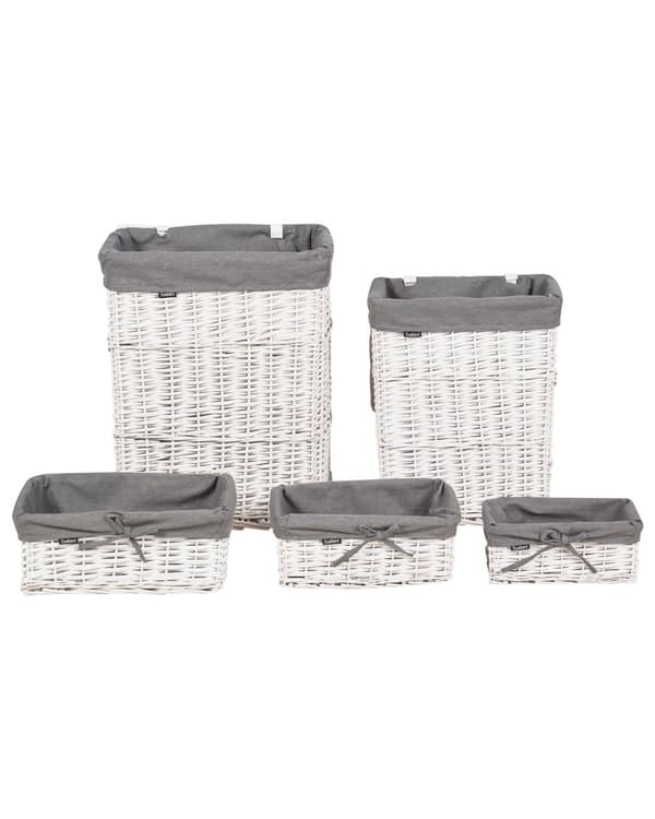 Vasketøjskurv grå og hvid med ramme af pil og indvendig foring af stof Boho Modern Design