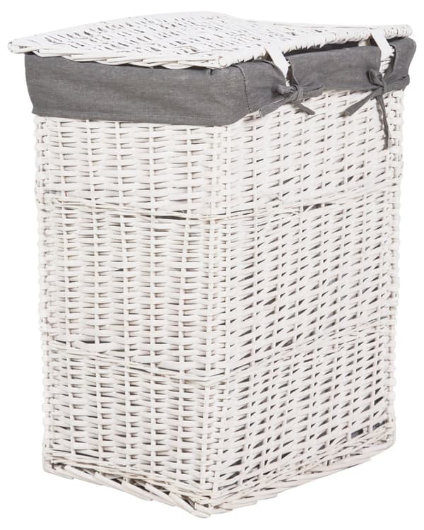 Vasketøjskurv grå og hvid med ramme af pil og indvendig foring af stof Boho Modern Design