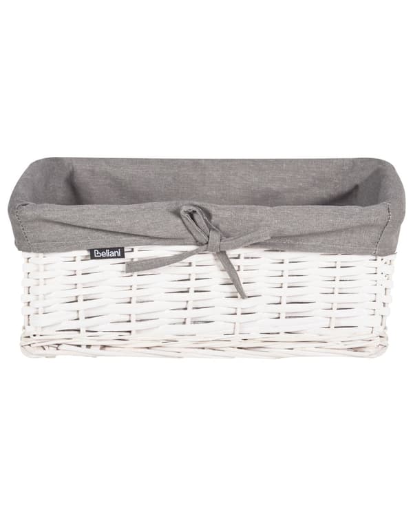 Vasketøjskurv grå og hvid med ramme af pil og indvendig foring af stof Boho Modern Design