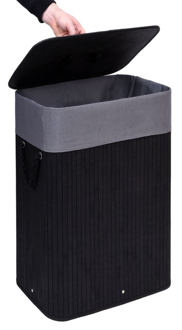 Bambuinen pyykkikori kannella, 80L, musta ja harmaa