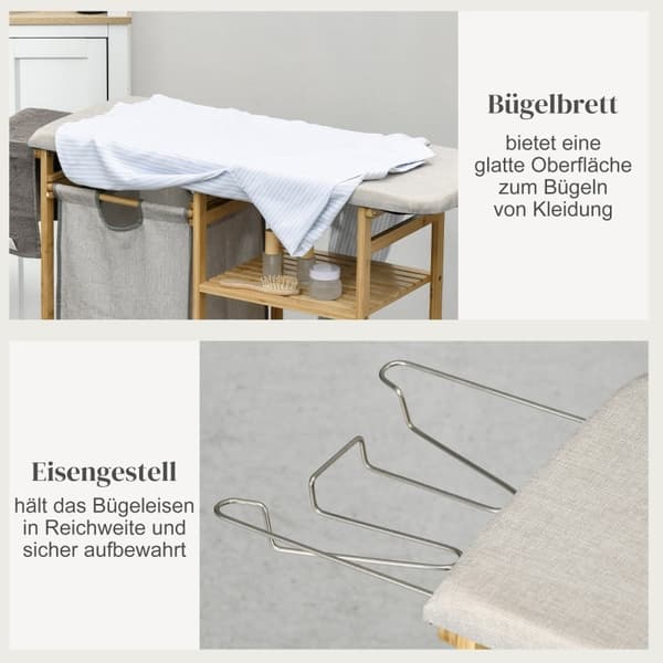 Rootz Bamboo Vasketøjsopsamler - Stofkurv - Vasketøjssortering - Strygebræt - 113 cm x 34 cm x 82 cm - Miljøvenlig og stilfuld bambus