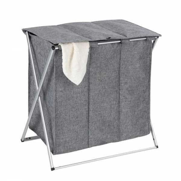 WENKO Tvättkorg 3 fack Trio Top, smutsig tvättkorg, Kapacitet 118L, Polyester 57x57x38 cm, gråmelerad