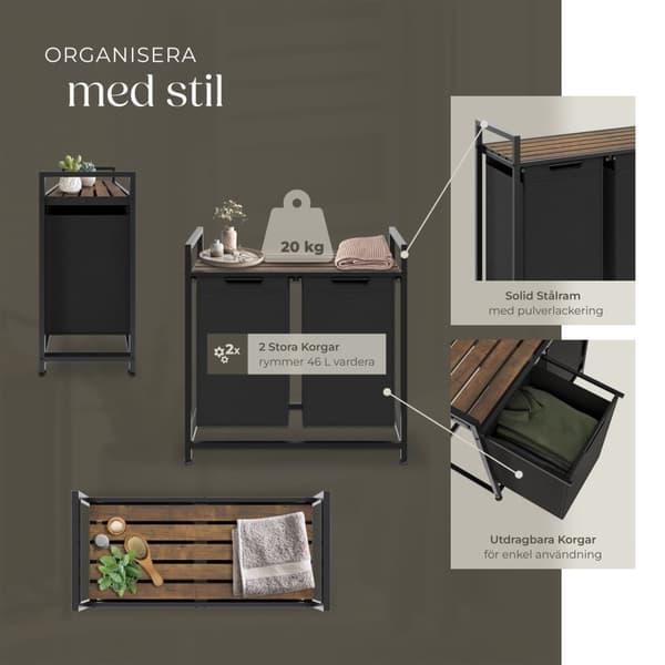 Tvättkorg med hylla, industriell stil - 34 x 74 x 72 cm