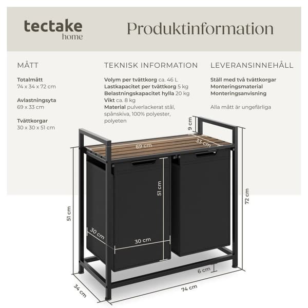 Tvättkorg med hylla, industriell stil - 34 x 74 x 72 cm