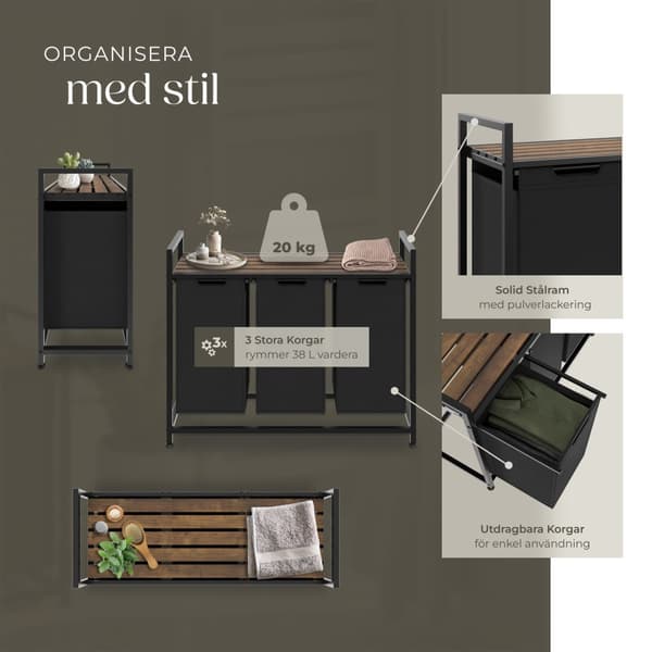 Tvättkorg med hylla, industriell stil - 34 x 93,5 x 72 cm