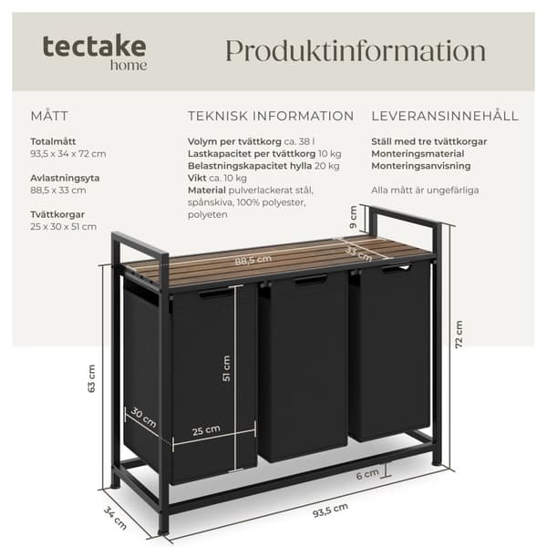 Tvättkorg med hylla, industriell stil - 34 x 93,5 x 72 cm