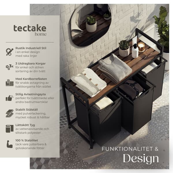 Tvättkorg med hylla, industriell stil - 34 x 93,5 x 72 cm