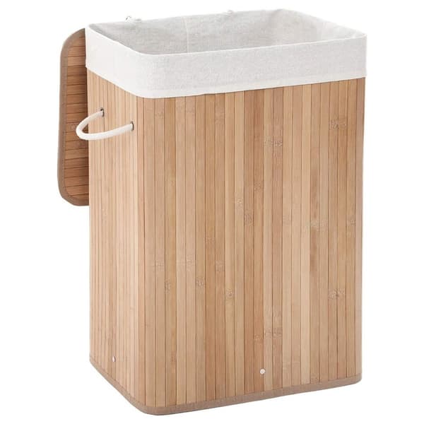 Hopfällbar tvättkorg i bambu med 3 handtag, 72L - L40 x H60 cm