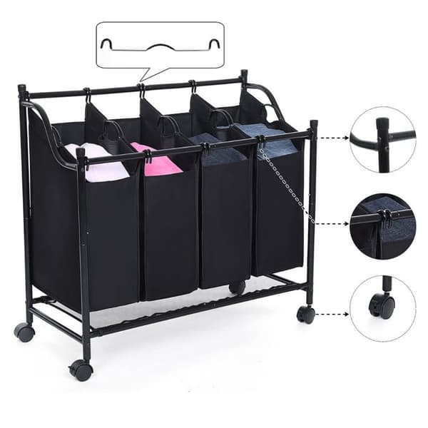 Bac à Linge avec 4 Sacs Amovibles Noirs sur Roulettes - L87,5 cm