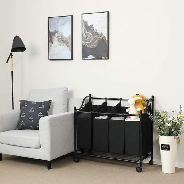 Bac à Linge avec 4 Sacs Amovibles Noirs sur Roulettes - L87,5 cm