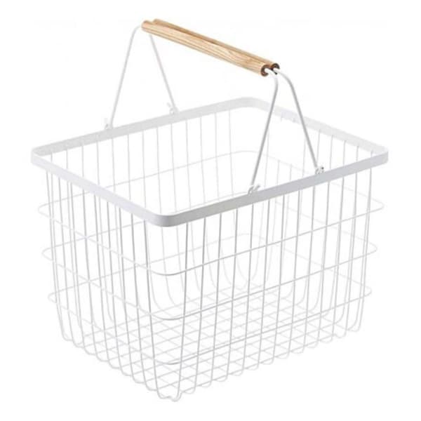 Vit metalltvättkorg med trähandtag H38,5cm