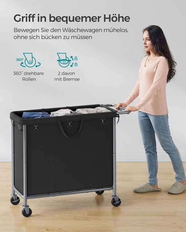 Rootz Tvättkorg 3 Fack 200L - Kåpa med hjul - Organizer Bin - Oxford Tyg - 91cm x 39cm x 81cm