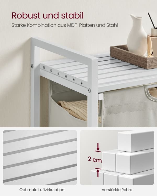 Rootz Laundry Collector - Vaatteet - Säilytyskori - Irrotettava hylly - Valkoinen metallirunko - 60cm x 40cm x 80cm